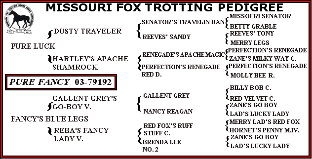 Pure Fancy's pedigree has Dusty Traveler, Pure Luck, Perfection's Renegade, Zane's Go Boy, Missouri Senator, Reeves' Sandy, Merry Lad's Red Fox and Billy Bob C bloodlines