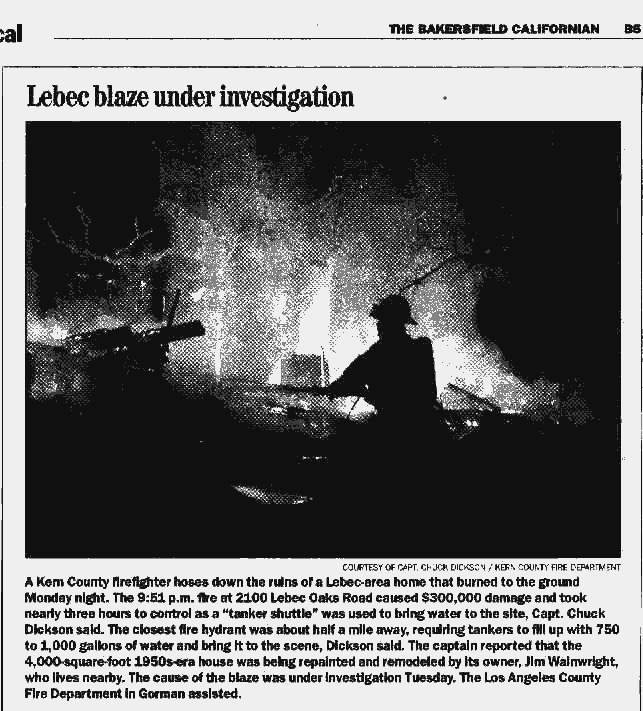 Old Lebec ranch house destroyed by fire on Monday, January 15, 2001