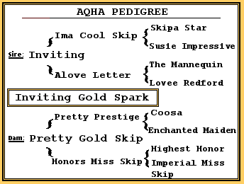 Quarter Horse Pedigree - Ima Cool Skip, Inviting, Pretty Gold Skip, Pretty Prestige, Honors Miss Skip, Alove Letter, Skipa Star, Coosa